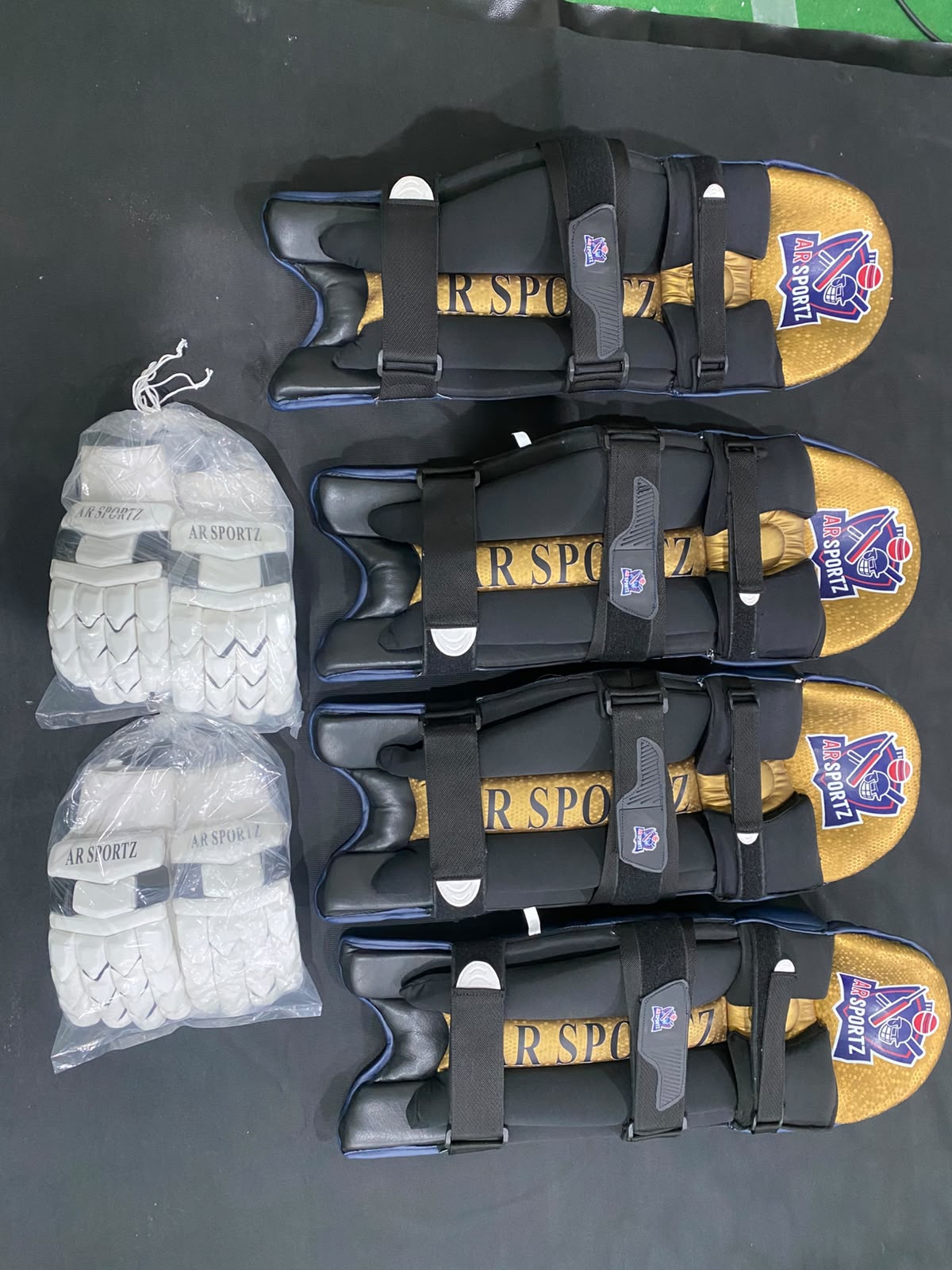AR Sportz batting pads and gloves