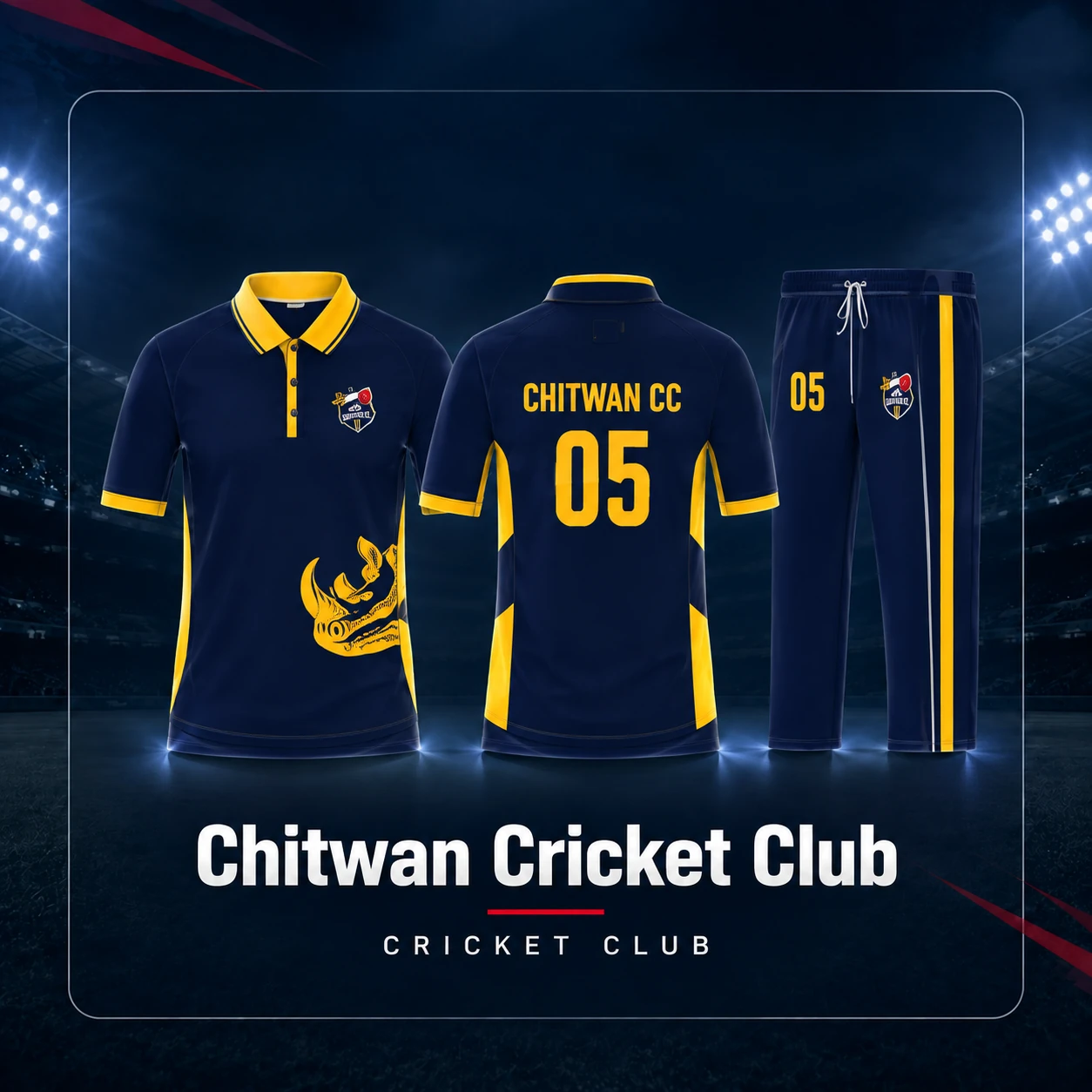 Chitwan Cricket Club navy and yellow custom cricket kit by AR Sportz
