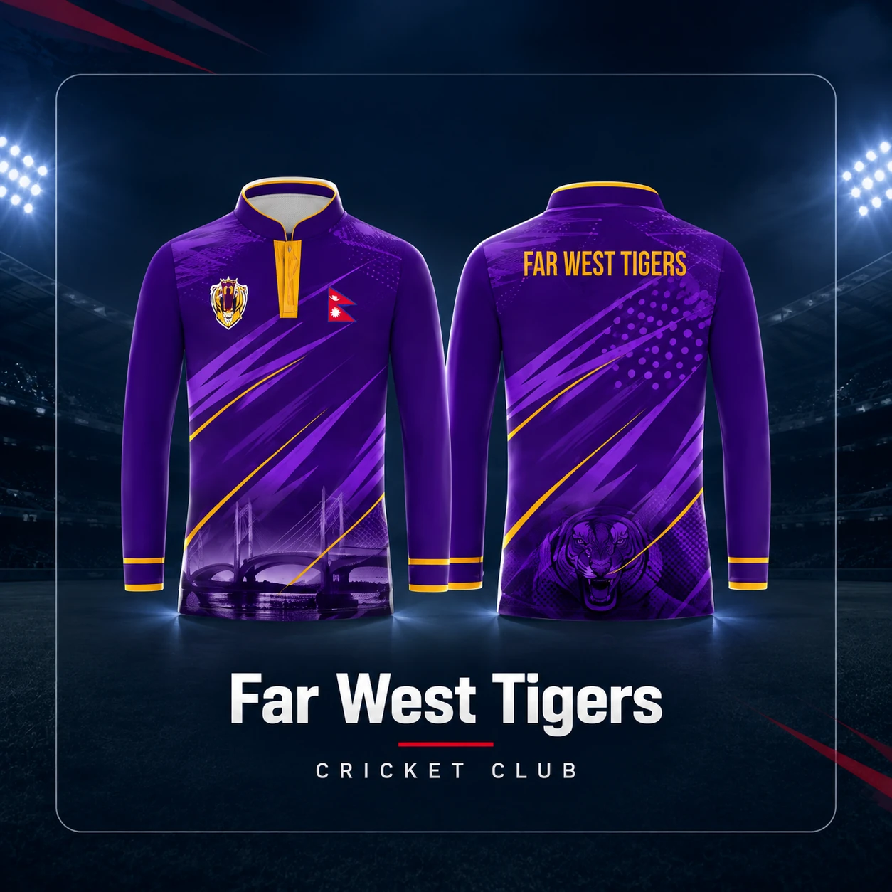 Far West Tigers custom purple cricket jersey by AR Sportz