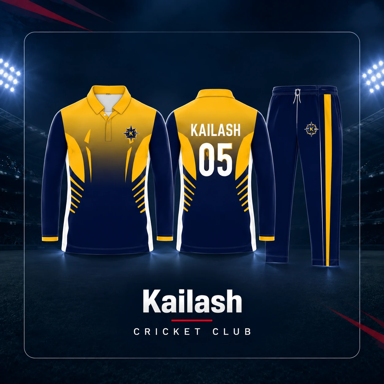 Kailash navy and yellow custom cricket kit by AR Sportz
